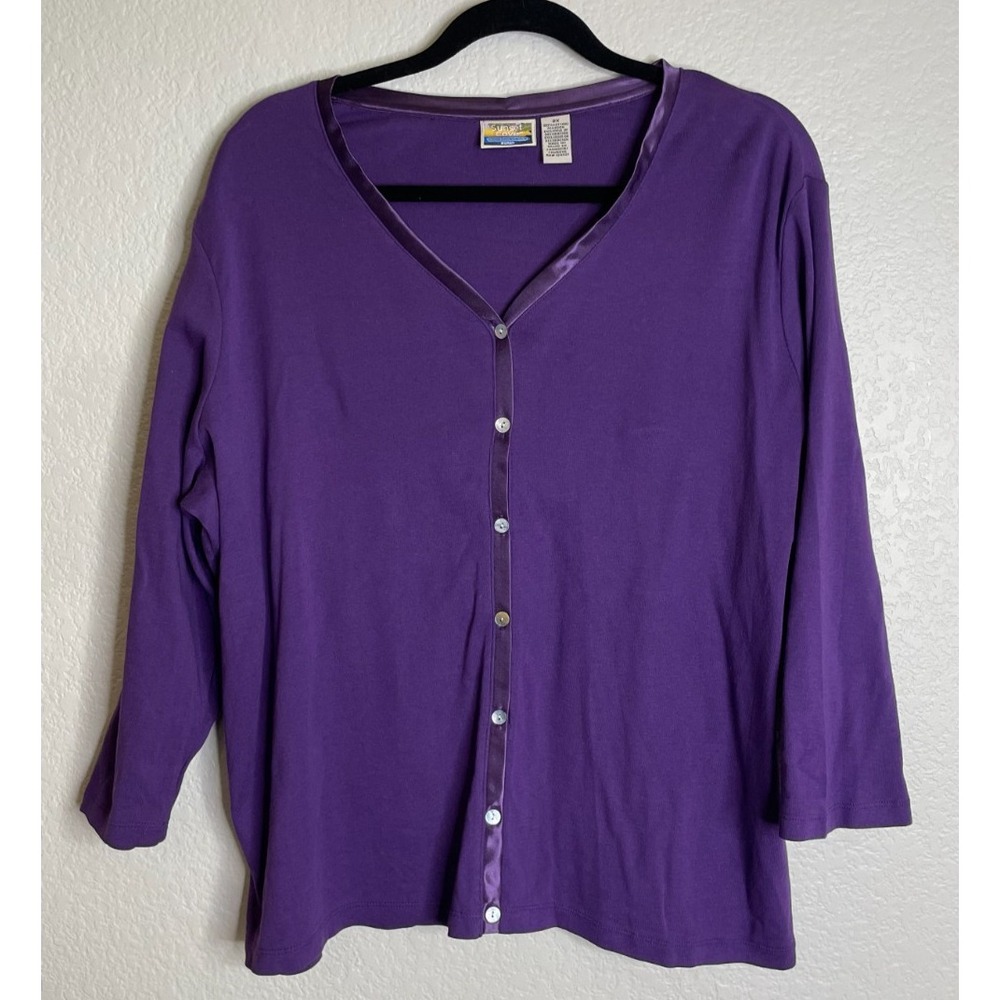 Sunset Cove Womens 2X Cardigan Top Purple Cotton V Neck Satin Trim Button Front